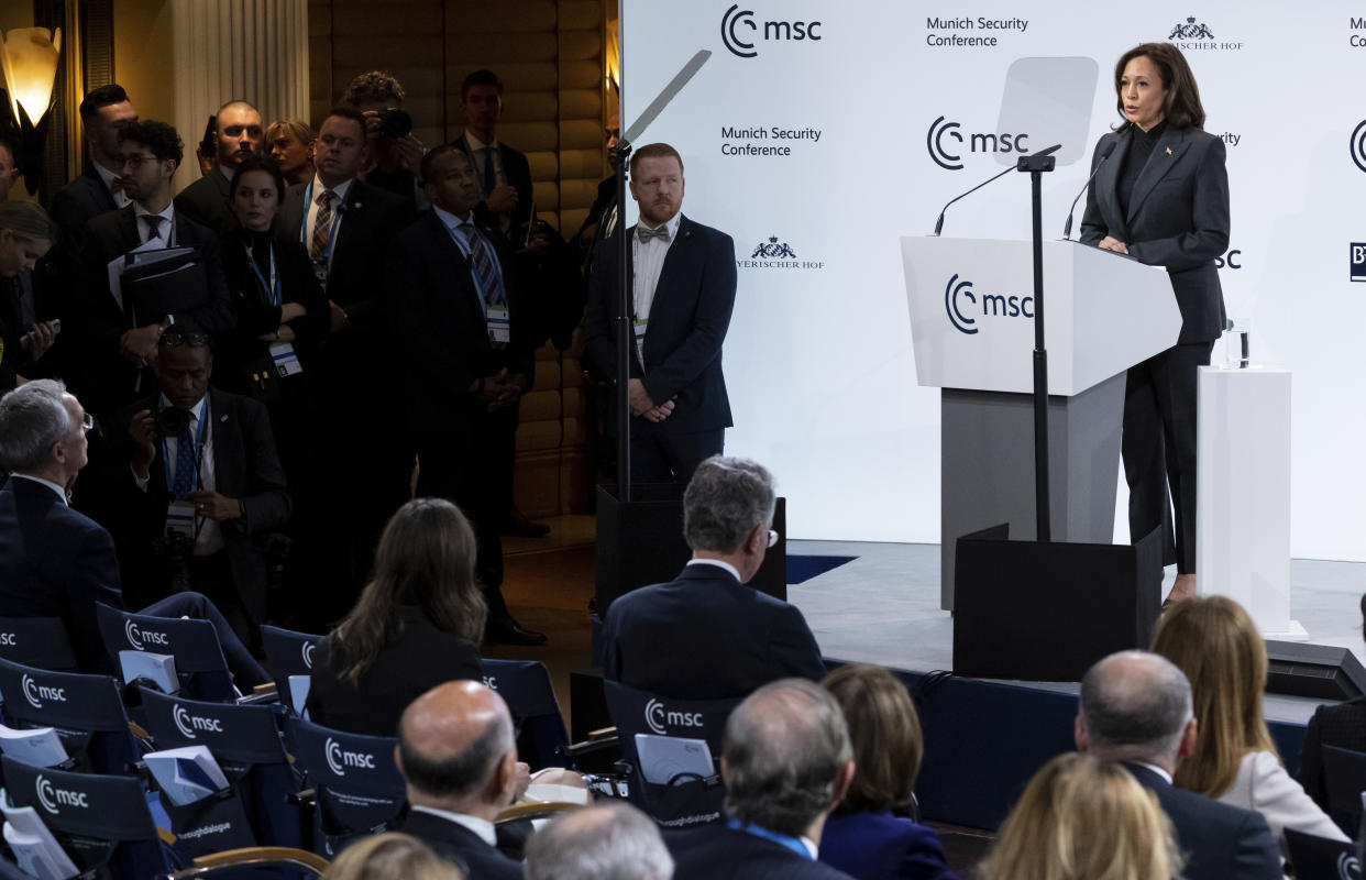 US Vice President Kamala Harris delivers a speech during the Munich Security Conference in Munich, Germany, Saturday, Feb. 18, 2023. The 59th Munich Security Conference (MSC) takes place from Feb. 17 to Feb. 19, 2023 at the Bayerischer Hof Hotel in Munich. (Sven Hoppe/dpa via AP)