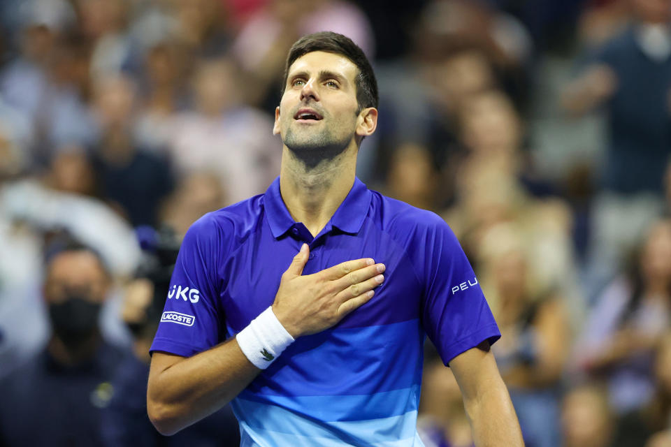 Pictured here, Novak Djokovic celebrates his second round win over Tallon Griekspoor at the US Open.