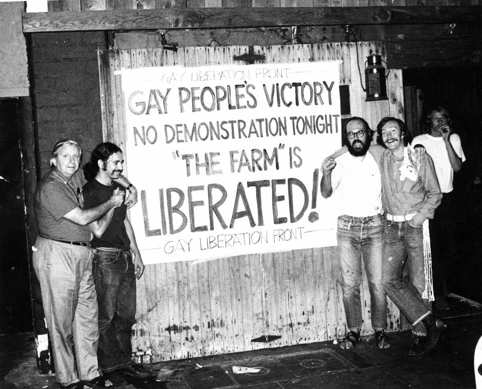 In 1970 the Gay Liberation Front hung a sign outside a bar called The Farm declaring it was liberated after the bar no longer policed gay men for hugging and kissing.<span class="copyright">Photo by Lee Mason—Courtesy of ONE Archives at the University of Southern California Libraries</span>