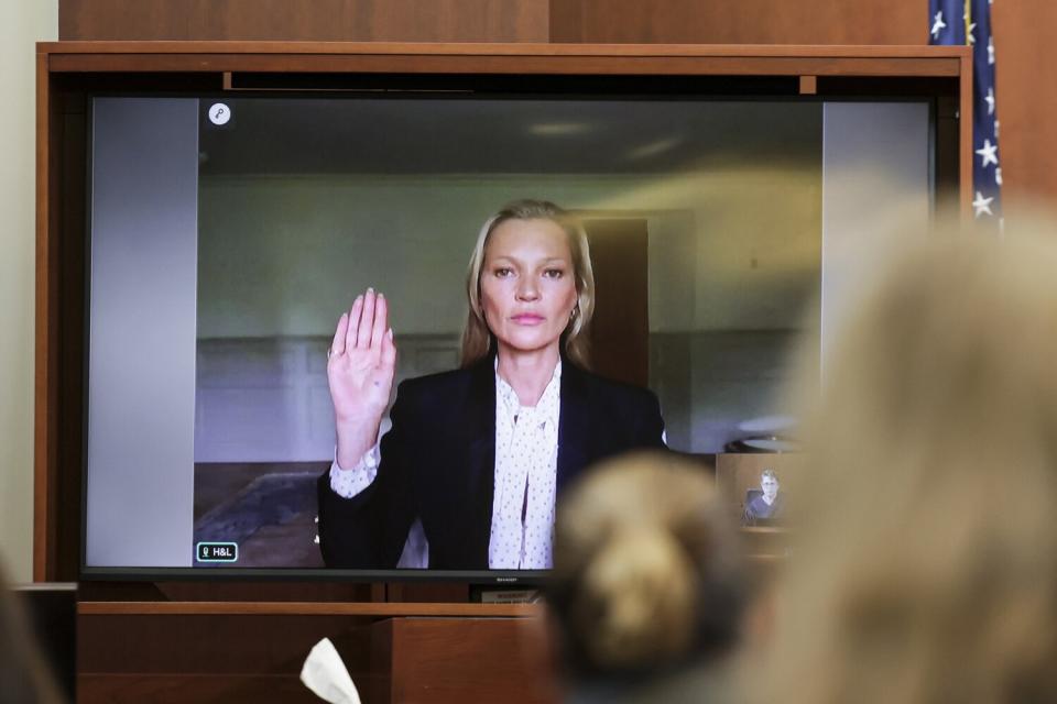 Model Kate Moss, a former girlfriend of actor Johnny Depp, testifies via video link at the Fairfax County Circuit Courthouse