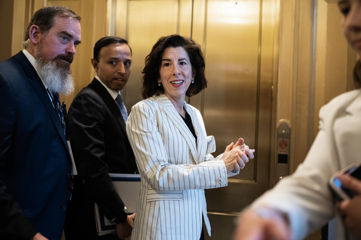 UNITED STATES - APRIL 28: Commerce Secretary Gina Raimondo is seen in the U.S. Capitol during the last House votes of the week on Friday, April 28, 2023. (Tom Williams/CQ-Roll Call, Inc via Getty Images)
