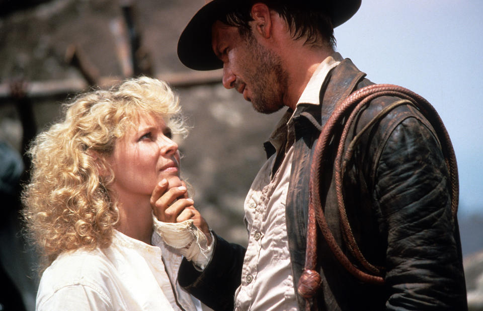Kate Capshaw says goodbye to Harrison Ford in a scene from the film 'Indiana Jones And The Temple Of Doom', 1984. (Photo by Paramount/Getty Images)