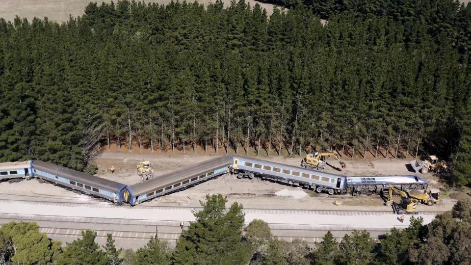 Still image captured from drone footage of the Wallan Train derailment. Picture: Australian Rail Track Corporation.