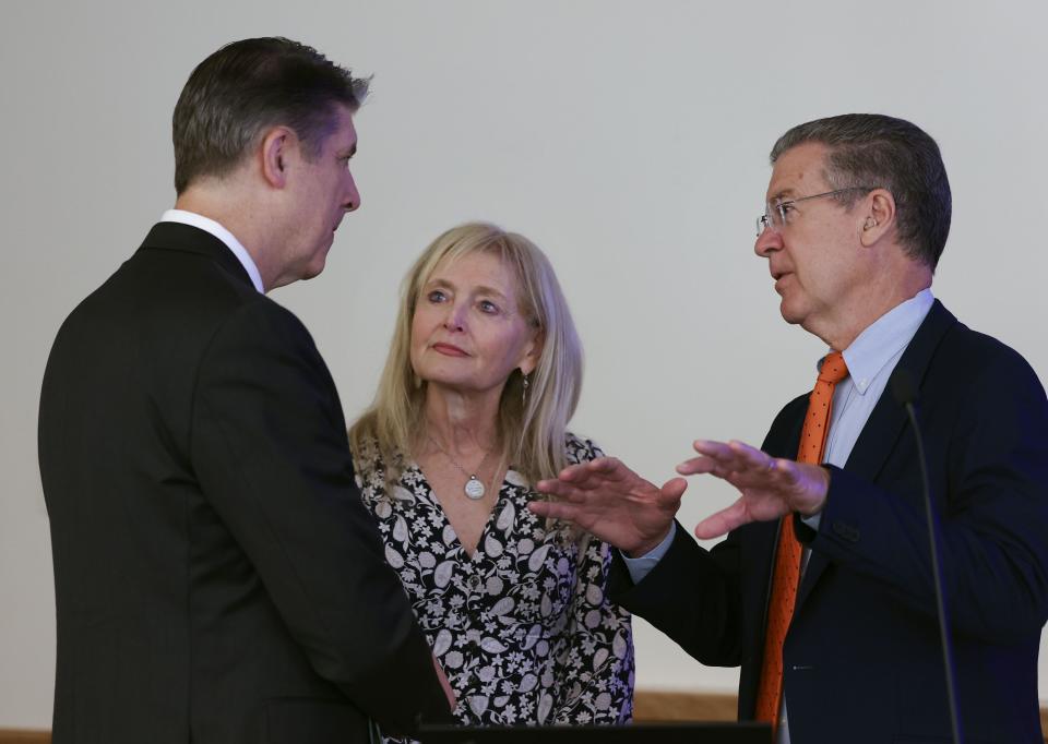 Matthew S. Holland, a General Authority Seventy of The Church of Jesus Christ of Latter-day Saints, left, Katrina Lantos Swett, president of the Lantos Foundation for Human Rights and Justice, and Sam Brownback, Ambassador-at-Large for International Religious Freedom, speak at the International Religious Freedoms Summit at the Relief Society building located on Temple Square in Salt Lake City on Wednesday, Aug. 23, 2023. | Laura Seitz, Deseret News