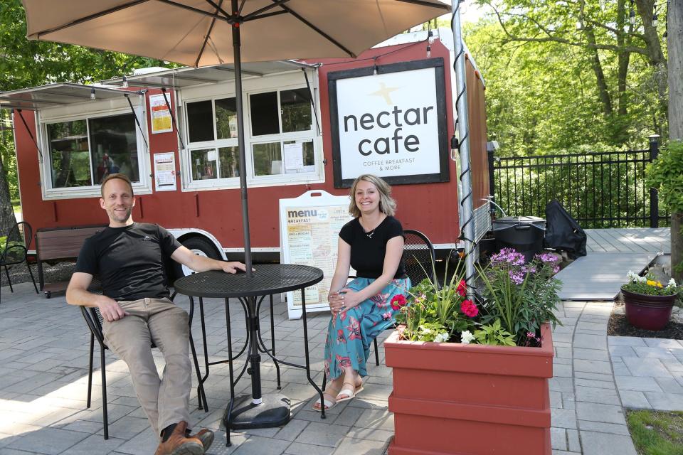 John and Michelle Corgan show off their new patio at Nectar Café at Bell Farm Shops on Route 1 in York.