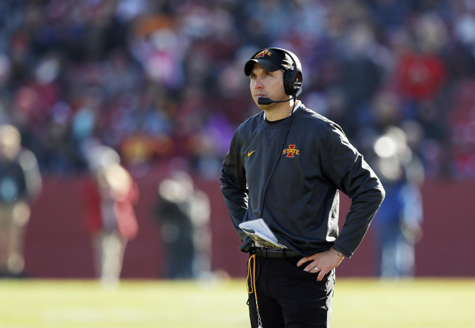 FILE - In this Saturday, Nov. 23, 2019, file photo, Iowa State head coach Matt Campbell looks to the scoreboard after Kansas scored a touchdown during the second half of an NCAA college football game, in Ames, Iowa. Iowa State knows all too well about picking up the pieces after a heartbreaking loss and getting in the right frame of mind for the next game. The Cyclones are calling on that experience again heading into their Big 12 opener at TCU on Saturday, Sept. 26, 2020, following their loss to double-digit underdog Louisiana-Lafayette on Sept. 5. (AP Photo/Matthew Putney, File)