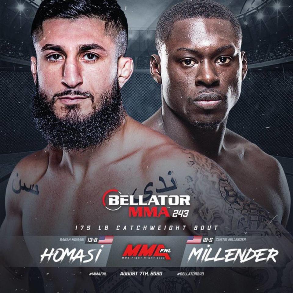 Sabah “The Sleek Sheik” Homasi (13-8) of American Top Team in Coconut Creek is on the main card, fighting Curtis “Curtious” Millender (18-5) in a welterweight bout at Bellator 243 on Friday, Aug. 7 from Mohegan Sun Arena in Uncasville, Connecticut.