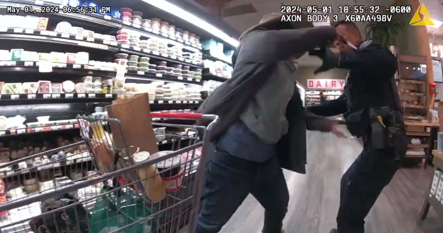 The Boulder Police Department provided these body-worn camera still images of a suspect allegedly stabbing an officer on Wednesday night in Lucky's Market.