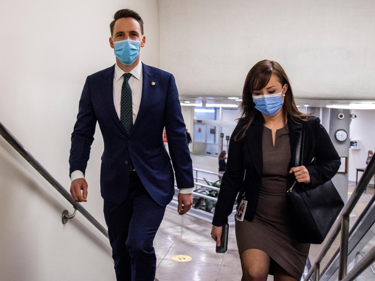Senator Josh Hawley heads to the Senate floor at the US Capitol on January 26, 2021 in Washington, DC. (Getty Images)