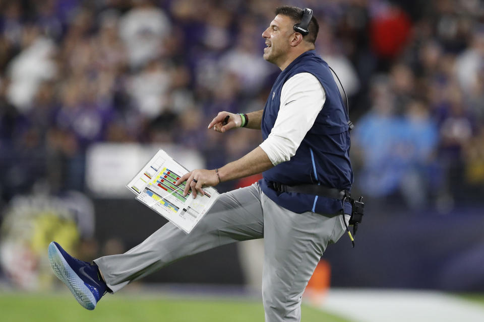 FILE - In this Jan. 11, 2020, file photo, Tennessee Titans head coach Mike Vrabel works against the Baltimore Ravens during the first half an NFL divisional playoff football game, in Baltimore. It’s taken first-time head coach Mike Vrabel two seasons, but the hands’ on former linebacker with three Super Bowl rings himself has them a win away from the franchise’s second Super Bowl berth. (AP Photo/Julio Cortez, File)