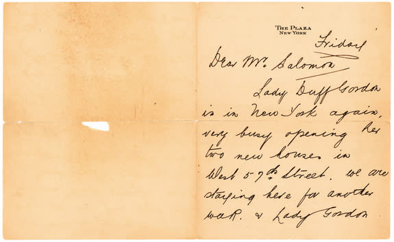 A letter from Miss Laura Mabel Francatelli to shipwreck survivor and lifeboat companion, Abraham Lincoln Salomon.