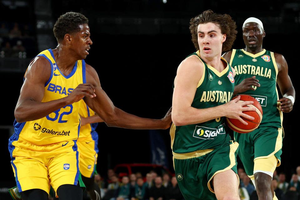 MELBOURNE, AUSTRALIA – AUGUST 16: Josh Giddey of Australia drives to the basket during the match between the Australia Boomers and Brazil at Rod Laver Arena on August 16, 2023 in Melbourne, Australia. (Photo by Graham Denholm/Getty Images)