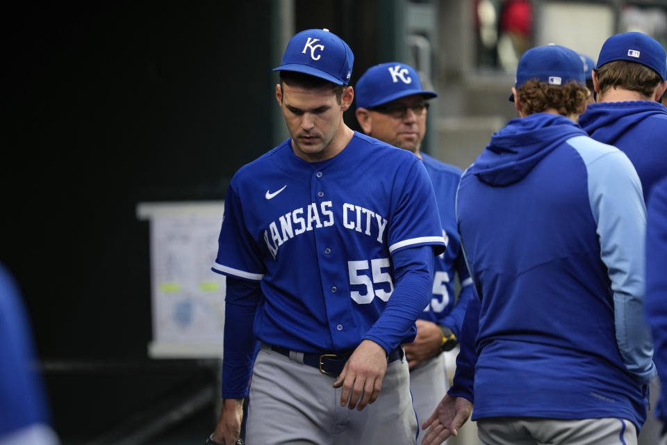 Kansas City Royals pitcher Cole Ragans (55) walks into the dugout after being pulled against the Detroit Tigers in the seventh inning of a baseball game, Thursday, Sept. 28, 2023, in Detroit. (AP Photo/Paul Sancya)