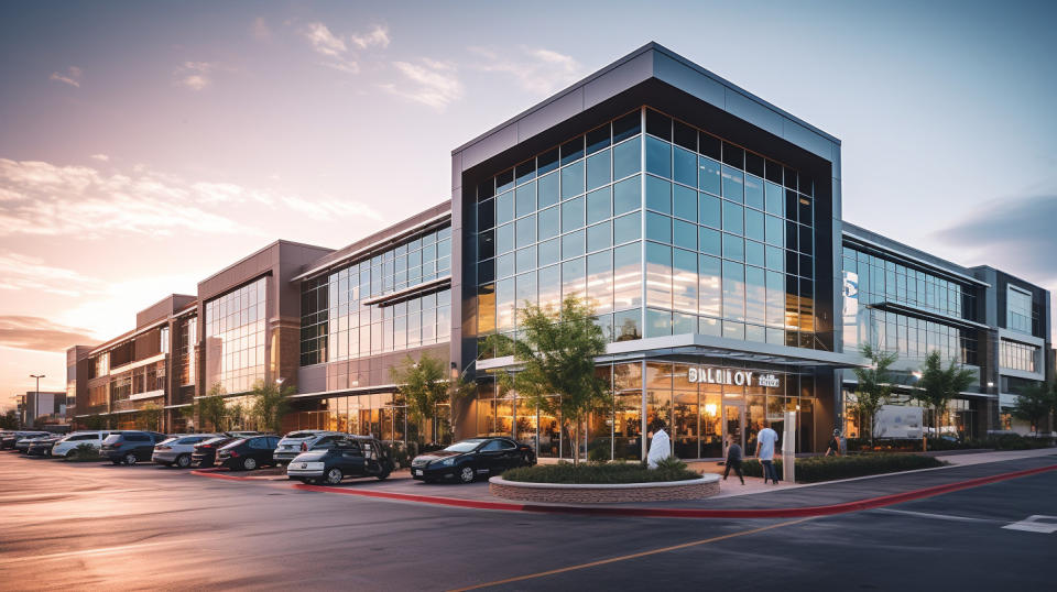 A high-quality exterior shot of a business complex with several enterprise brands and retailers.