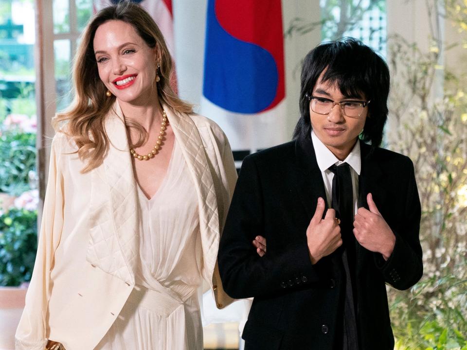 Angelina Jolie and son Maddox arrive for the state dinner in honor of South Korean President Yoon Suk Yeol, at the White House in Washington, DC, on April 26, 2023.