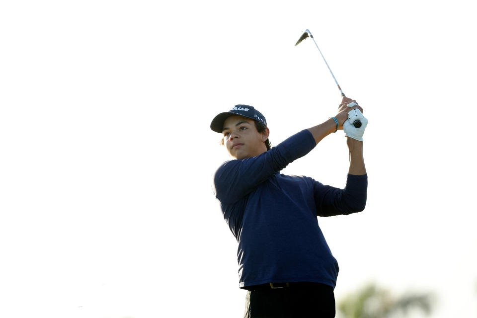 HOBE SOUND, FLORIDA - FEBRUARY 22: Charlie Woods hits his second shot on the first hole during pre-qualifying for The Cognizant Classic in The Palm Beaches at Lost Lake Golf Club on February 22, 2024 in Hobe Sound, Florida. (Photo by Cliff Hawkins/Getty Images)