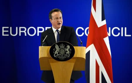 British Prime Minister David Cameron addresses the media after a European Union leaders summit in Brussels, Belgium, February 19, 2016. REUTERS/Dylan Martinez