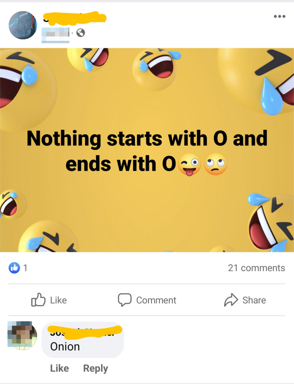 Graphic with laughing emojis and text "Nothing starts with O and ends with O." One comment visible