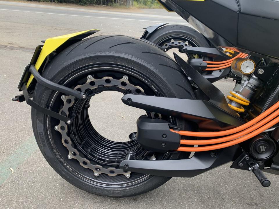rear wheel of a verge ts pro electric motorcycle
