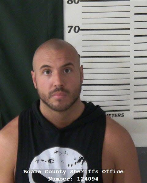 Authorities say Johnathan Lee Whitlatch, 33, of Boone shot and killed two women June 2, 2022, outside Cornerstone Church of Ames, before taking his own life. Whitlatch is shown in a May 31, 2022, booking photo at the Boone County Sheriff's Office; he was arrested for third-degree harassment and impersonating a public official after a "domestic situation" involving one of the victims from June 2.