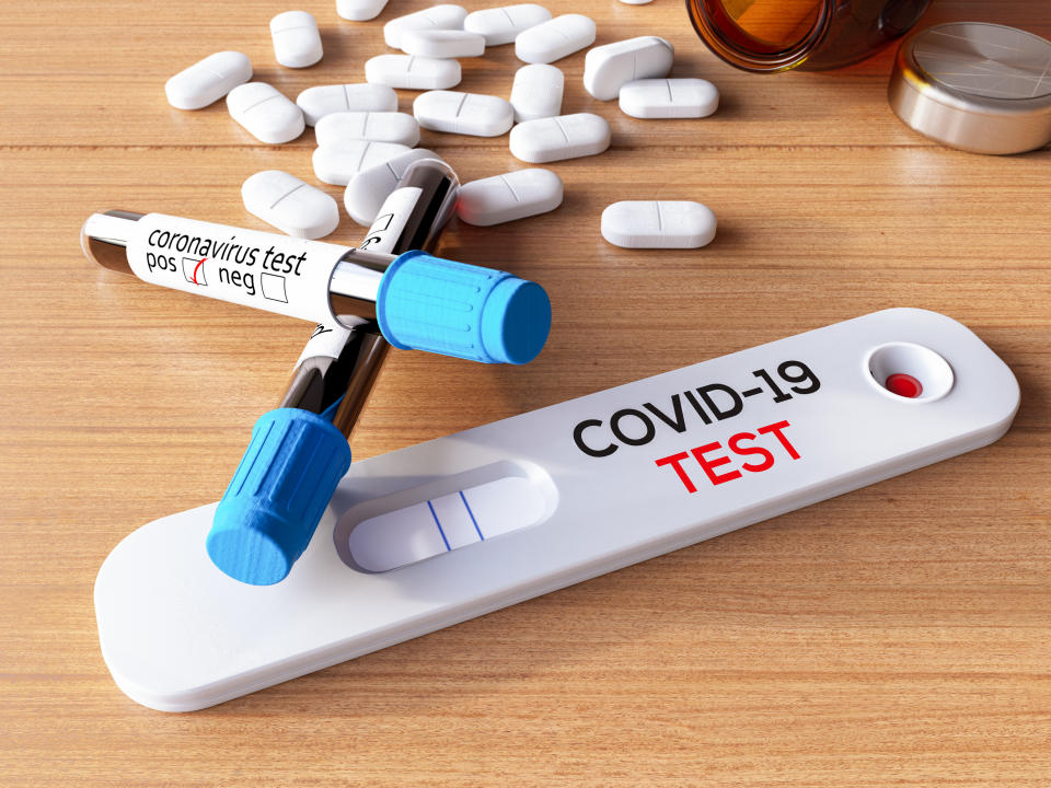 COVID-19 Rapid Test Kit with Samples and Pills.3d Render