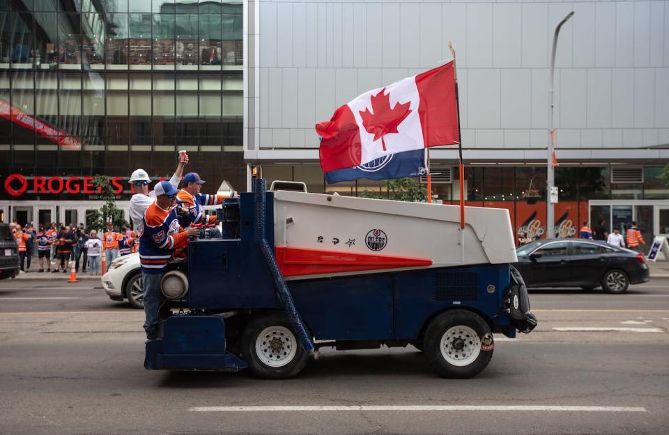 Fans drive a Zamboni down the street in support of the Oilers in Edmonton, Friday, June 21, 2024.The Edmonton Oilers take on the Florida Panthers in Game 6 action of the NHL Stanley Cup final. 