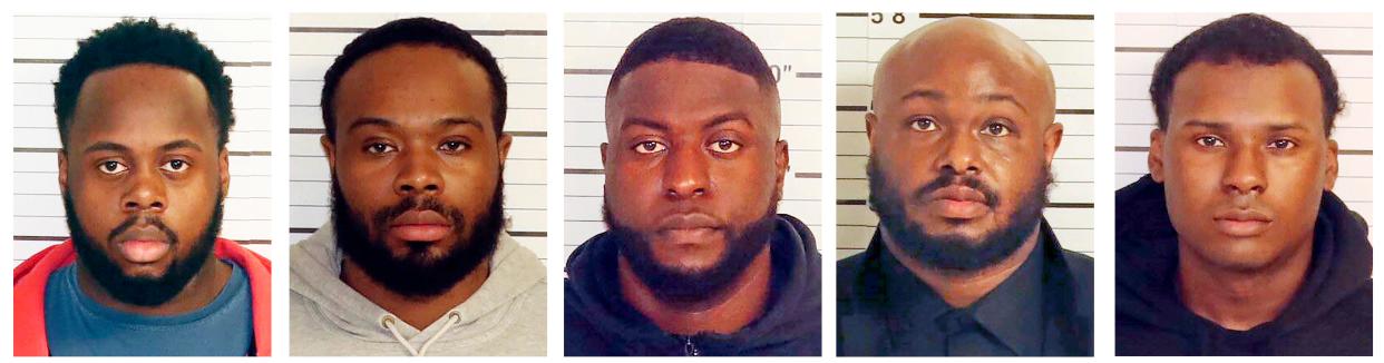 Tadarrius Bean, left, Demetrius Haley, Emmitt Martin III, Desmond Mills, Jr. and Justin Smith have been charged with second-degree murder and other crimes in the arrest and death of Tyre Nichols in Memphis, Tenn.