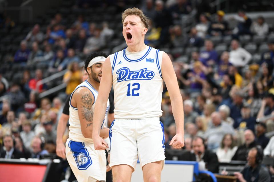 Tucker DeVries celebrates a made 3-pointer during an Arch Madness quarterfinal game between Drake men's basketball and Murray State.