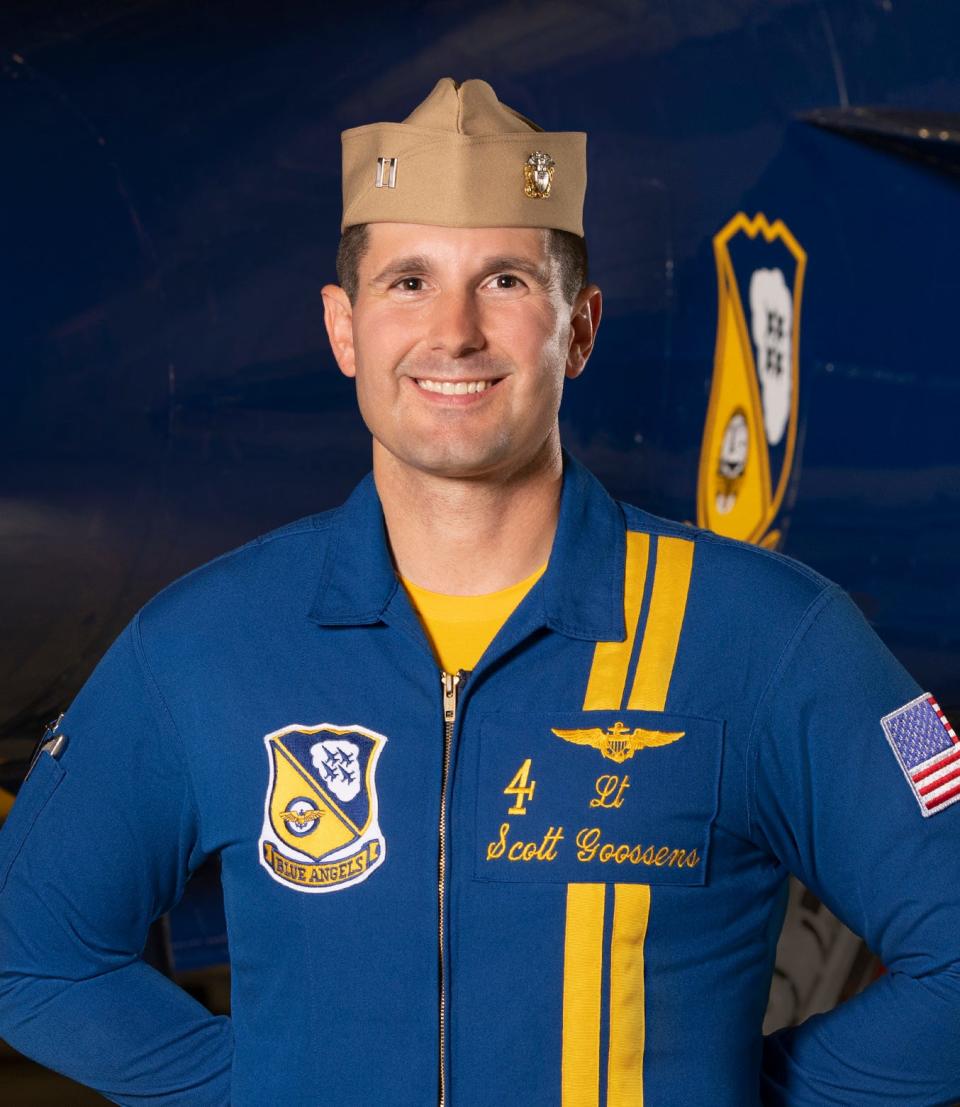 Lieutenant Scott Goossens is the slot and the pilot of the No. 4 jet for the 2023 Blue Angels team.