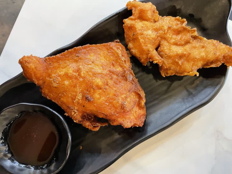 The fried chicken from Maxwell Chicken and Rice in the Northridge Eats food hall in Northridge.
