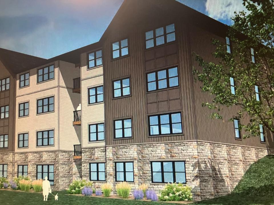 A rendering of the rear and side view of the Vista Residential Partners apartments planned for West Main Street, acorss from Builders Drive, between Thornwood Drive and Coffman Road in southwest Newark. The buildings will be three- and four-story split structures.