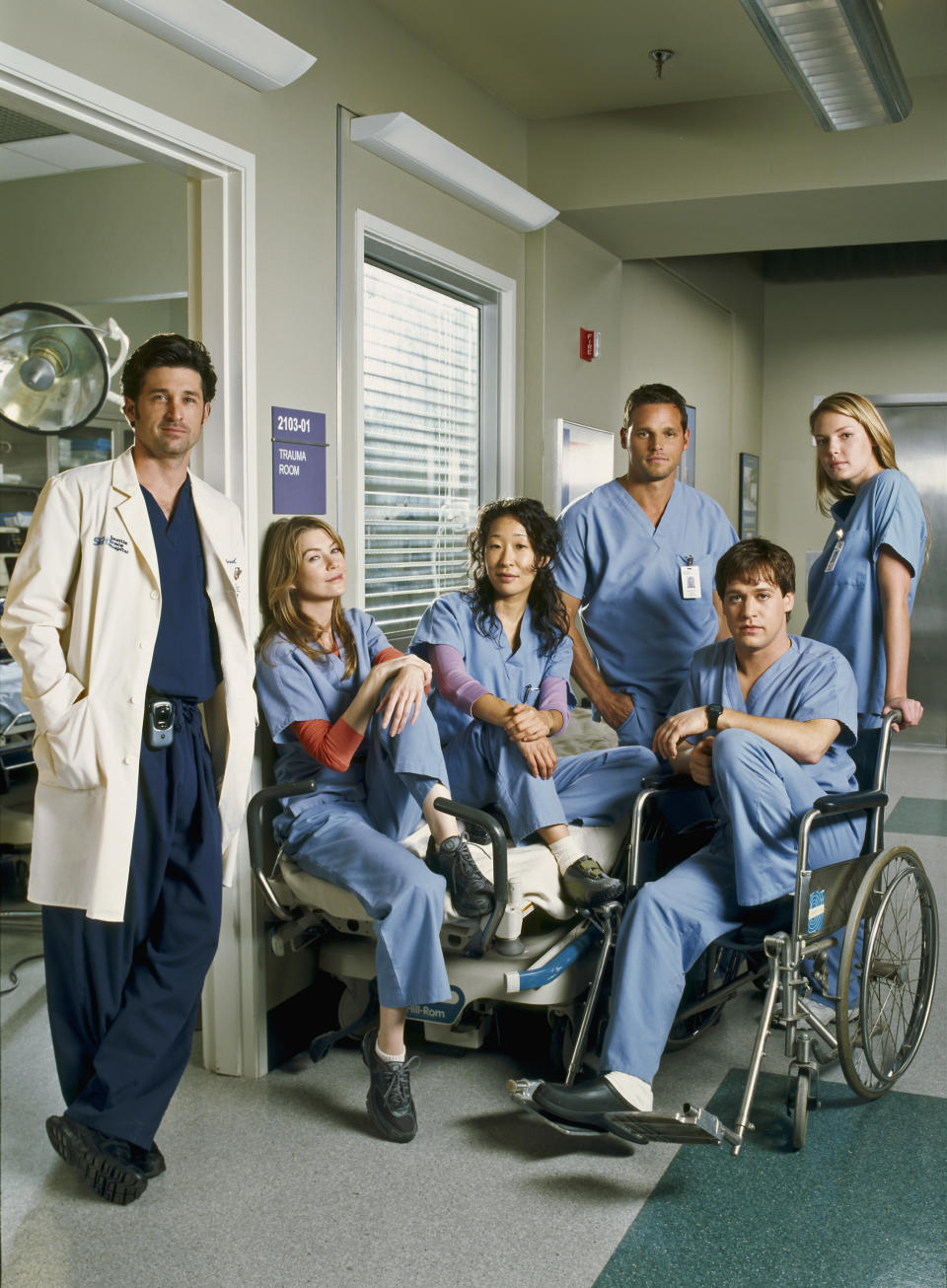 From left to right: Dr. Shepherd, Meredith, Christina Yang played by Sandra Oh, Alex Karev played by Justin Chambers, George O'Malley played by T.R. Knight, and Izzie Stevens played by Katherine Heigl