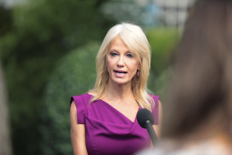 White House adviser Kellyanne Conway speaks to reporters at the White House in Washington