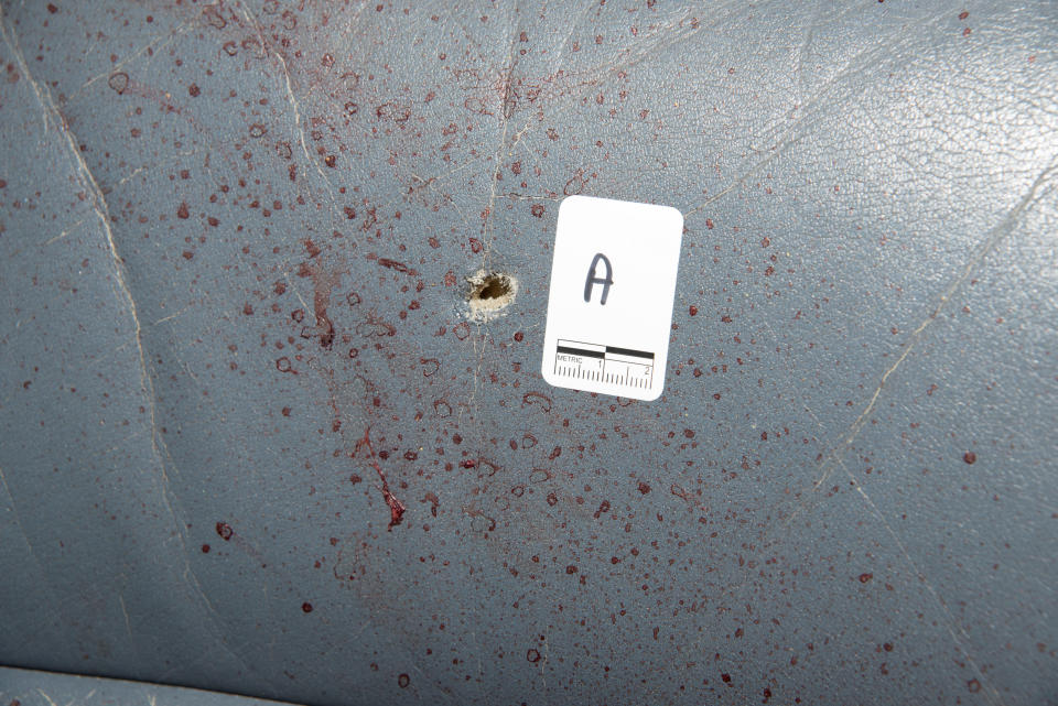 Bloodstains surround a bullet hole in the car of Philando Castile.&nbsp;