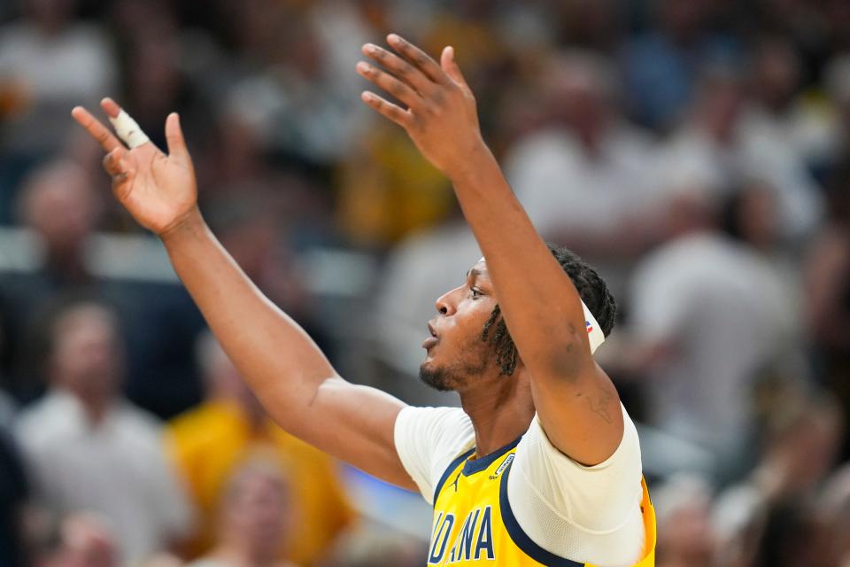 Indiana Pacers center Myles Turner (33) celebrates during the game, Sunday, April 28, 2024, during the game against the Milwaukee Bucks at Gainbridge Fieldhouse in Indianapolis.