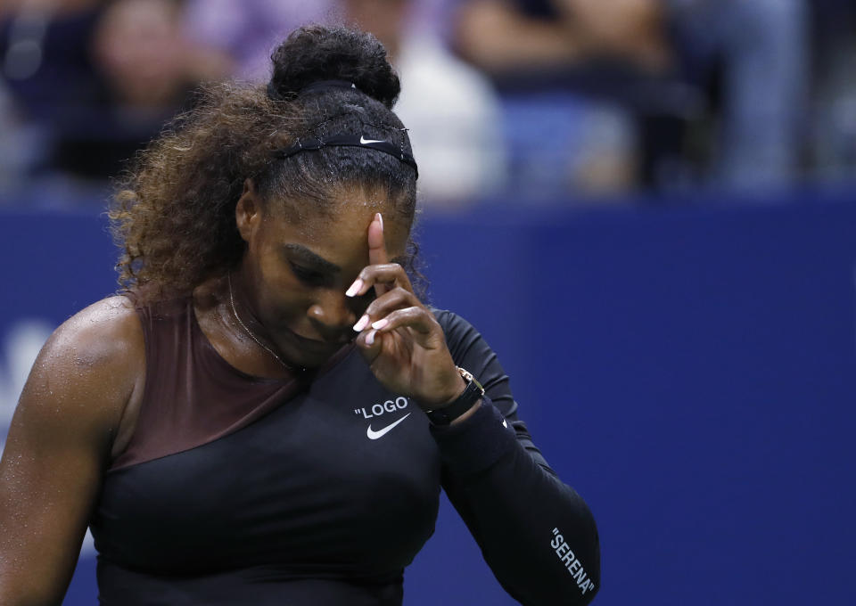 Serena Williams, of the United States, reacts during a match against Karolina Pliskova, of the Czech Republic, during the quarterfinals of the U.S. Open tennis tournament Tuesday, Sept. 4, 2018, in New York. (AP Photo/Adam Hunger)