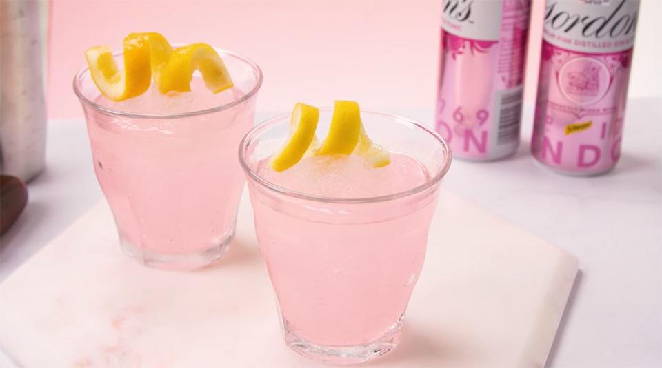 <p>A cheat's cocktail. Pre-mixed cans of pink gin are frozen in a container then whizzed in a blender for a slushie consistency. </p><p><strong>Recipe: <a href="https://www.goodhousekeeping.com/uk/food/recipes/a28298102/frozen-pink-gin/" rel="nofollow noopener" target="_blank" data-ylk="slk:Pink gin;elm:context_link;itc:0;sec:content-canvas" class="link ">Pink gin</a></strong></p>