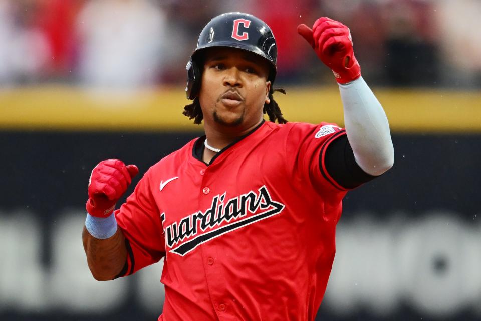 Sep 28, 2024; Cleveland, Ohio, USA; Cleveland Guardians third baseman Jose Ramirez (11) rounds the bases after hitting a home run during the first inning against the Houston Astros at Progressive Field. Mandatory Credit: Ken Blaze-Imagn Images