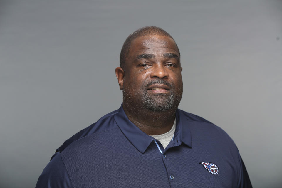 FILE - This is a June 30, 2023, photo showing Terrell Williams of the Tennessee Titans NFL football team. The Tennessee Titans are taking their efforts to expose minority candidates for bigger NFL jobs to a new step. Mike Vrabel announced Monday, Aug. 7, 2023 that Terrell Williams, their assistant head coach and defensive line assistant, will serve as acting head coach Saturday during the Titans' preseason opener in Chicago. (AP Photo/File)