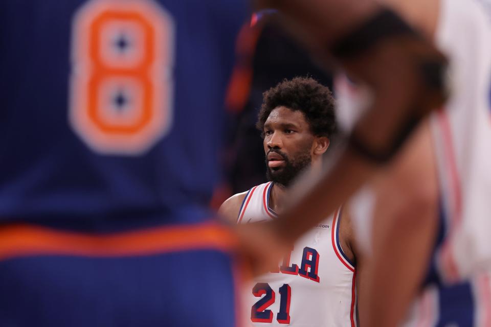 Philadelphia 76ers center Joel Embiid (21) waits to shoot a foul shot against the New York Knicks during the first quarter of game 5 of the first round of the 2024 NBA playoffs at Madison Square Garden.