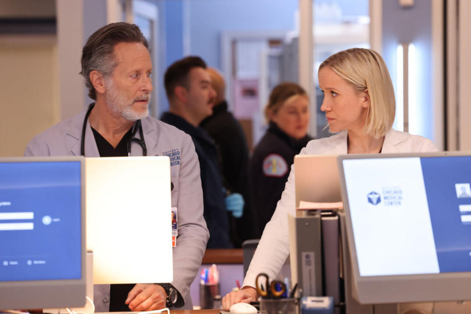 Jessy Schram and Steven Web in Chicago Med Season 9 premiere