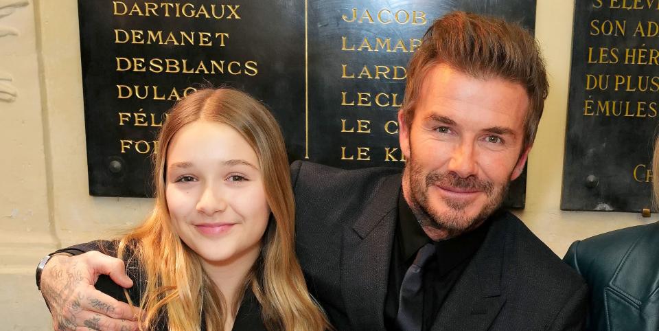 paris, france march 03 l r harper beckham and david beckham attend the victoria beckham fw23 show during paris fashion week on march 03, 2023 in paris, france photo by darren gerrishwireimage for victoria beckham