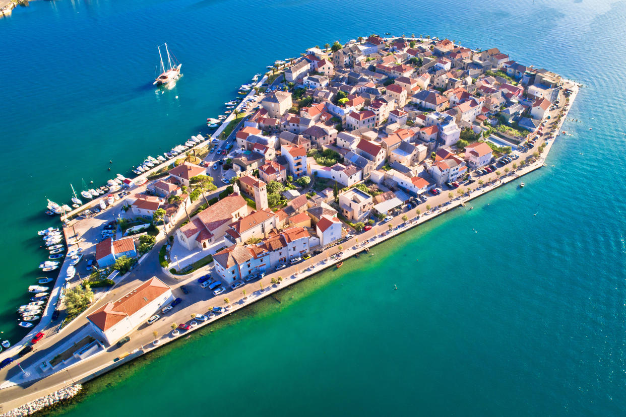 Split suburb Vranjic island aerial view, Dalmatia region of Croatia
