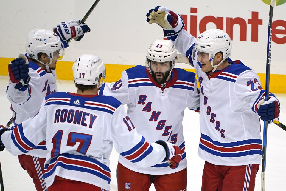 New York Rangers' Colin Blackwell (43) celebrates after scoring during the first period of an NHL hockey game against the Pittsburgh Penguins in Pittsburgh, Sunday, Jan. 24, 2021. (AP Photo/Gene J. Puskar)