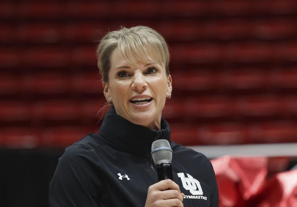 Utah Gymnastics Coach Carly Dockendorf speaks at the Huntsman Center in Salt Lake City on Wednesday, Dec. 13, 2023. A vehicle lease deal was made available to members of the women’s gymnastics and men’s and women’s basketball programs as part of a Name, Image and Likeness (NIL) deal. | Laura Seitz, Deseret News