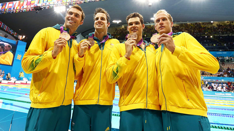 Aussie swimmers Christian Sprenger, James Magnussen, Matt Targett, and Hayden Stoeckel could lose their bronze medals from the 4x100m medley relay at the 2012 Olympics if Brenton Rickard, who competed in the heats but not the final, is found guilty of doping offences.  (Photo by Al Bello/Getty Images)