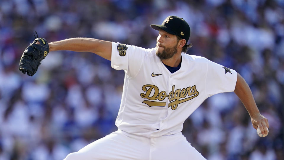 National League starting pitcher Clayton Kershaw, of the Los Angeles Dodgers, throws to an American League batter during the first inning of the MLB All-Star baseball game, Tuesday, July 19, 2022, in Los Angeles. (AP Photo/Abbie Parr)