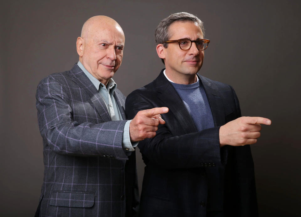 In this Monday, March 11, 2013 photo, Alan Arkin, left, and Steve Carell pose for a portrait for the film, "The Incredible Burt Wonderstone," at the Hotel Amarano, in Los Angeles. The two actors lit up an empty suite at a hotel down the street from Warner Bros. studios with their warm rapport, reminiscing about working together on “Wonderstone” and their past projects, “Get Smart” and “Little Miss Sunshine” (for which Arkin won the supporting actor Oscar). (Photo by Eric Charbonneau/Invision/AP)