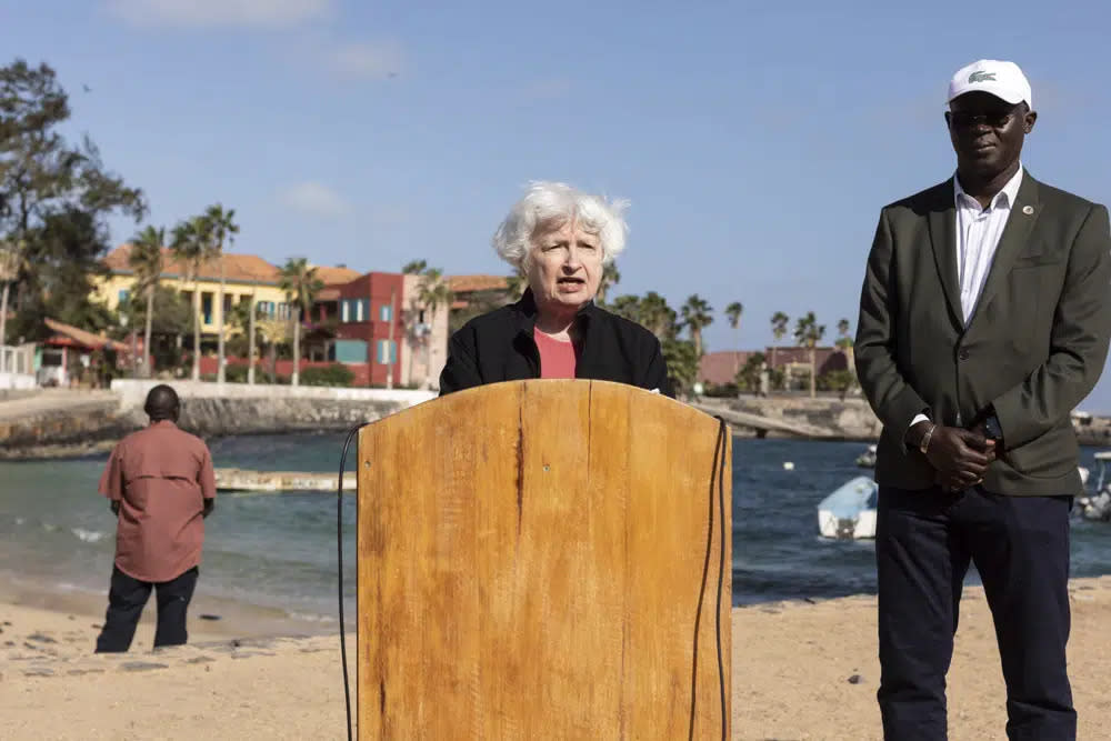 U.S. Treasury Secretary Janet Yellen delivers a speech on Goree Island, Senegal, Saturday Jan. 21, 2023. (AP Photo/Stefan Kleinowitz)