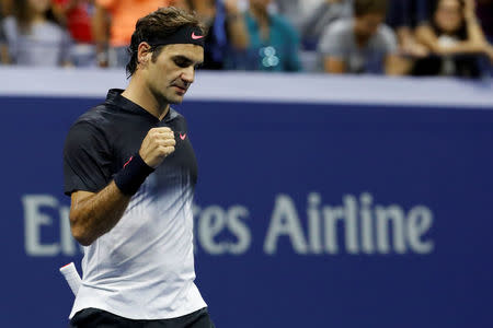 Tennis - US Open - New York, U.S. - September 4, 2017 - Roger Federer of Switzerland celebrates winning his fourth round match against Philipp Kohlschreiber of Germany. REUTERS/Andrew Kelly